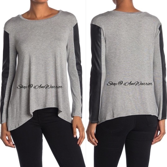 BCBGMaxAzria mixed media faux leather sleeve top *shop@iamwarrior - Picture 2 of 8